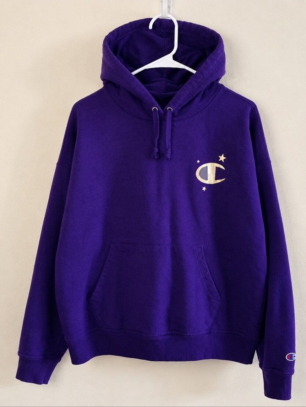 Champion Powerblend Hoodie Women's M Purple Metallic Logo Fleece Streetwear Cozy